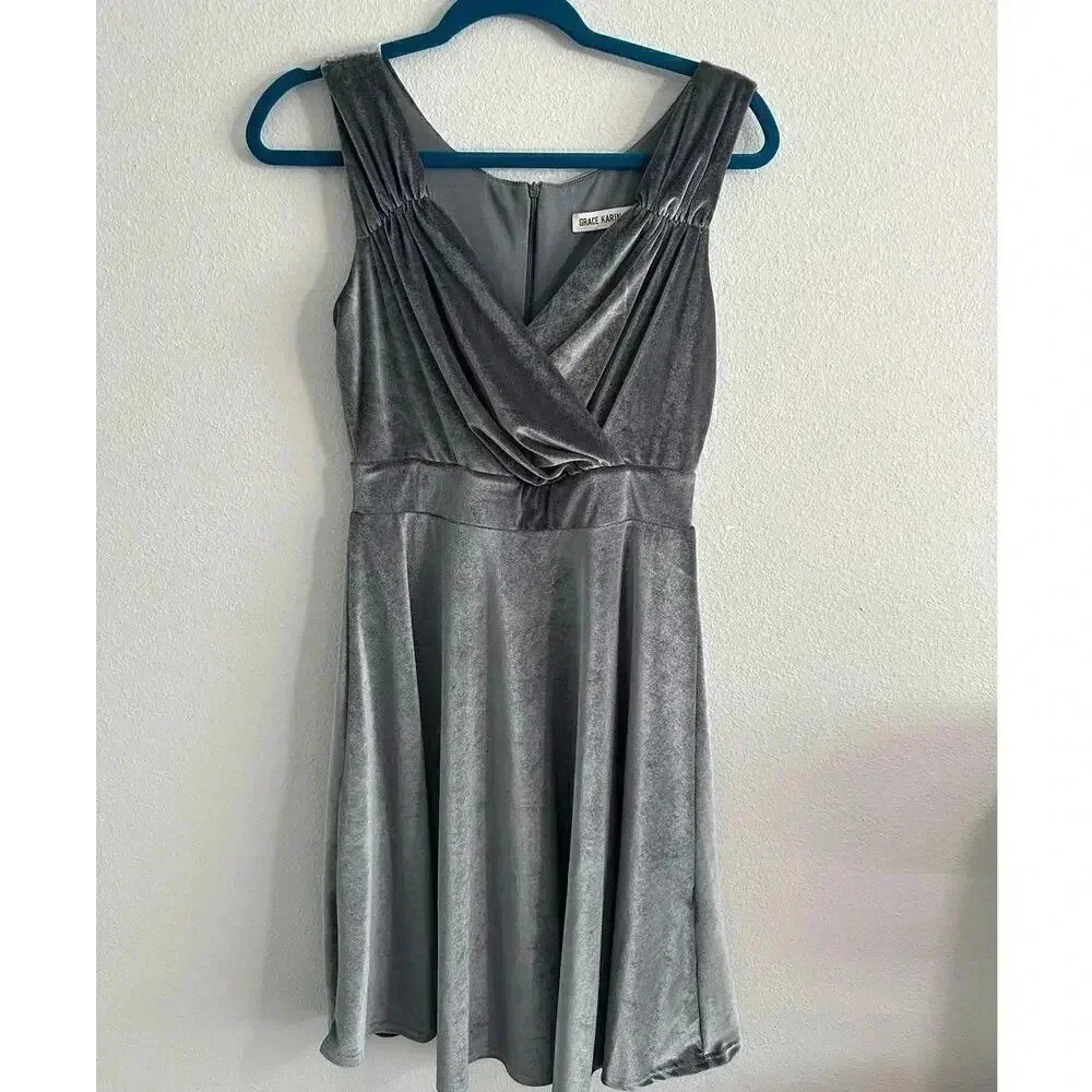 Grace Karin | Velvet A-line Dress | Grey | Cocktail Dress | M | Party Dress